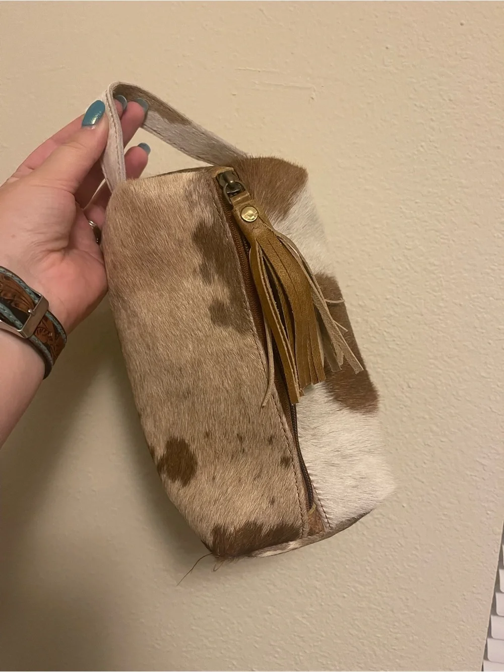Neutral Cowhide Wristlet Bag with Tassel